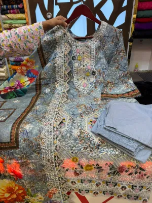 Fully stitched Swiss Lawn ensemble featuring premium embroidery and lace.